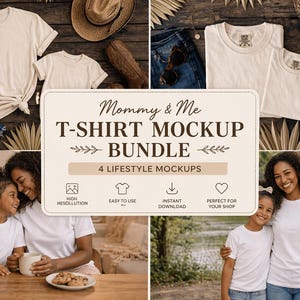 Könnte beinhalten: Ein Mockup-Bundle mit T-Shirts, Jeansshorts und Accessoires. Das Bild enthält eine Vielzahl von Lifestyle-Mockups mit dem Text "Mommy & Me T-Shirt Mockup Bundle". Die Mockups zeigen eine Mutter und ein Kind, die passende T-Shirts tragen.