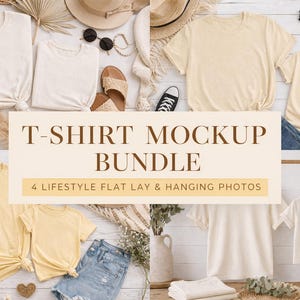 May include: A flat lay mockup bundle featuring several blank t-shirts in cream and yellow, styled with accessories like sunglasses, hats, and sandals. The image includes the text "T-SHIRT MOCKUP BUNDLE" and "4 LIFESTYLE FLAT LAY & HANGING PHOTOS".