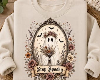 Stay Spooky Ghost PNG, Vintage Floral Ghost PNG, Romantic Gothic Halloween PNG, Cottagecore Ghost Shirt Design, Spooky Floral