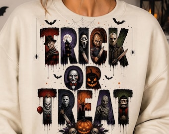 Horror Movie Trick or Treat PNG, Slasher Character Collage PNG, Retro Horror Fan Shirt Design, Scary Halloween Sublimation Download