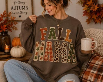 Fall Mama PNG, Faux Knit Patchwork Mama PNG, Cozy Autumn Mom PNG, Floral Plaid Mama Sublimation