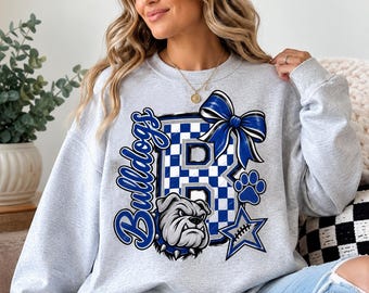 Bulldogs Football PNG, Blue Bulldogs Mascot PNG, Football Mom Game Day PNG, Checkered School Spirit Design, Bulldogs Bow