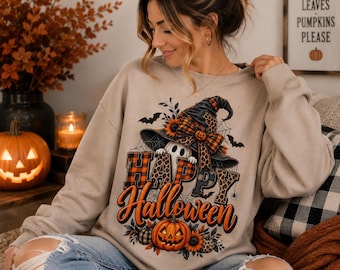 Fröhliches Halloween-Patchwork (PNG), Hexen-Geist-Kürbis (PNG), Leopardenkaro-Halloween-Motiv, Applikations-Sublimationsdruck
