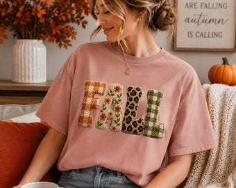 FALL Faux Knit PNG, Patchwork Fall Letters PNG, Floral Plaid Autumn Applique, Cozy Sweater Sublimation