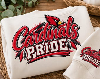 Cardinals Pride PNG, Cardinals-Maskottchen PNG, Schulgeist PNG, Spieltags-Shirt-Design, Lehrerteam, Rot-Schwarzer Cardinal Digitaler Download
