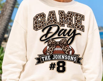 Personalized Football Family PNG, Custom Game Day Family Name, Football Mom Leopard Bow, Player Number PNG, Team Mom Shirt Design