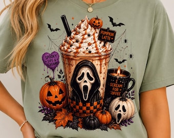 Gruseliger Kürbis-Latte (PNG), „Ich schreie nach Kaffee“-Design (PNG), Horror-Kaffee-Liebhaber-Design, Halloween-Latte-Sublimation, Gruselige Schlucke (PNG)