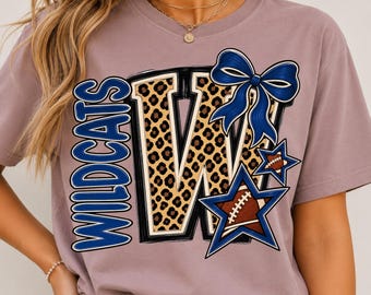 Wildcats Football Mom PNG, Leopardenmuster Wildcats Spirit Design, Blaue Football-Schleife PNG, Game Day Mom Sublimation