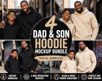 Dad and Son Hoodie Mockup Bundle, Father Son Matching Hoodie Mockup, Black & Beige Hoodie Mockup, Family Streetwear Mockup, Digital Download