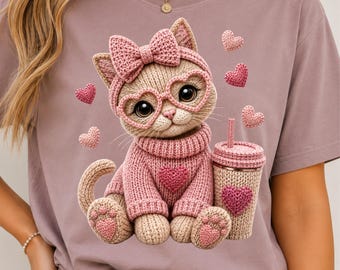 Gehäkelte Katze (PNG), Niedliche, kokette Katze (PNG), Sublimationsdesign für gestrickte Kätzchen, Kawaii-Katzen-Clipart, Digitaler Download (T-Shirt-Design), DTF-Transfer
