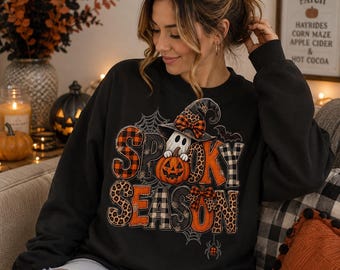 Gruselige Jahreszeit Patchwork PNG, Hexen-Geist-Kürbis PNG, Leopardenkaro Halloween PNG, Faux-Applikations-Sublimation