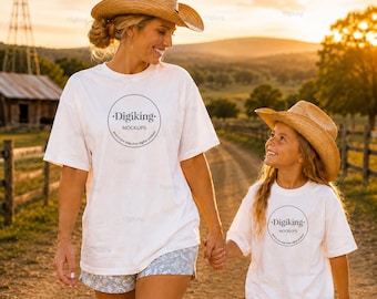 Mama und ich Western T-Shirt Mockup | Mutter und Tochter Passendes Shirt Mockup | Bella Canvas 3001 Mockup | Komfortfarben 1717 Mockup | Echt