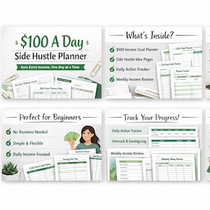 May include: A digital side hustle planner with the text "$100 A Day" and "Side Hustle Planner". The planner includes sections for income goals, daily action tracking, and weekly reviews. A woman is holding money in one of the panels.
