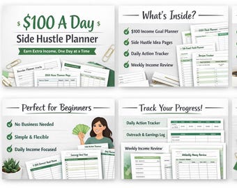 100 Dollar A Day Side Hustle Planner | Daily Income Tracker, Beginner Workbook (PDF Download)