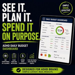 May include: A digital tablet displays a "Daily Budget Dashboard" with financial data, including income, spending, and remaining funds. The interface is designed for ADHD brains, with a simple layout. Text includes "See It. Plan It. Spend It On Purpose."