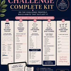 Könnte beinhalten: Eine marineblaue und rosa Grafik mit dem Text "NO SPEND CHALLENGE COMPLETE KIT" und einer Kaffeetasse. Das Kit enthält einen 30-Tage-Tracker ohne Ausgaben, eine Ausgaben-Trigger-Prüfung und Tools zur finanziellen Neuausrichtung.