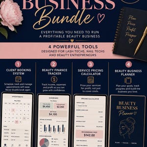Puede incluir: Un gráfico azul marino y rosa que promociona un "Beauty Business Bundle" para emprendedores de belleza. Incluye un sistema de reserva de clientes, un rastreador financiero, una calculadora de precios de servicios y un planificador de negocios. La imagen también presenta un cuaderno, un bolígrafo y detalles florales.