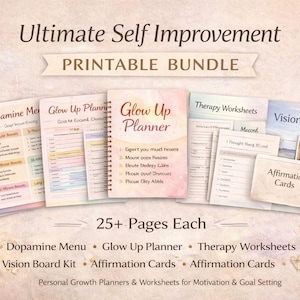Könnte beinhalten: Eine Sammlung druckbarer Materialien zur Selbstverbesserung, darunter ein "Glow Up Planner", ein "Dopamine Menu" und ein "Vision Board Kit". Das Bundle enthält jeweils über 25 Seiten, mit einer weichen, neutralen Farbpalette und floralen Akzenten. Der Text enthält "Ultimate Self Improvement" und "Printable Bundle".