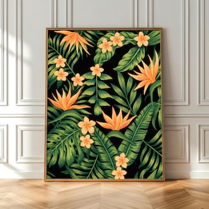 May include: A framed botanical print featuring a vibrant tropical design. The artwork showcases lush green leaves, orange bird-of-paradise flowers, and small yellow flowers against a black background. The frame is a warm brown color.