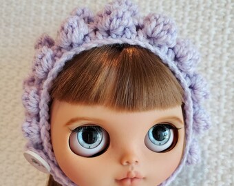 Purple Crochet Doll Hat, Pastel Button Chin Strap Hat, Lavender or Lilac Hat for Blythe