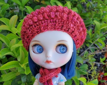 Red Handmade Doll Hat | Red Blythe Beret Crochet | Crochet Beanie and Matching Scarf |Popcorn Beret for Doll