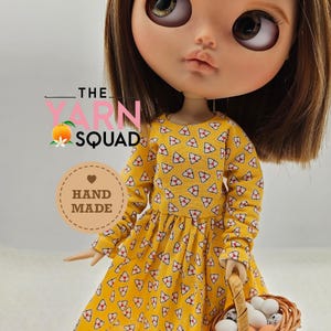 Yellow Vintage Fabric Long Sleeve Dress for Blythe Doll