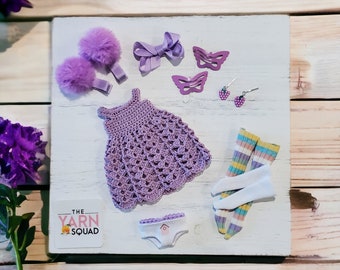 Purple Dress Bundle for Blythe Doll, Crochet Clothing For Takara, Neo, Rainbow High, 1/6 Outfit with Doll Earrings, Stockings and Panties