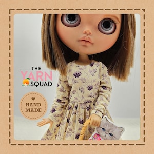 Blythe Doll Dress: Vintage Inspired Purple Ecru Cotton, Long Sleeve 1/6 Scale