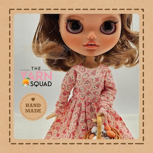 Coral, Ivory and Red Feed Sack Long Sleeve Dress for Blythe Doll