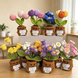 May include: A collection of crocheted emotional support plants in brown pots with smiling faces. Each pot features a white tag with the text Emotional support plant. The plants have colorful yarn flowers in shades of pink, purple, blue, yellow, and white with green leaves.