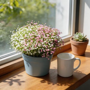 May include: A light blue pot filled with white and pink baby's breath flowers sits on a wooden windowsill next to a white mug and a small potted succulent. The flowers are in full bloom.