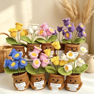 May include: A collection of crocheted potted plants featuring colorful flowers in yellow, white, pink, purple, and blue. Each brown crocheted pot has a smiling face and a white tag that reads Emotional support Plant with small text below.