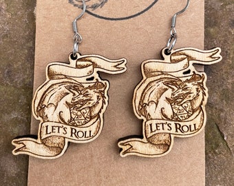 Let's Roll D20 Dice Dragon Wooden Engraved Earrings | Role-player geeky DnD jewellery gift