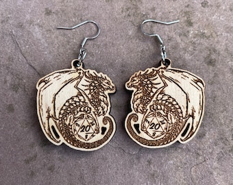 D20 Dragon Engraved Earrings | Role-player geeky DnD jewellery