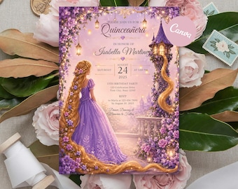 May include: A rectangular invitation card featuring a purple-themed illustration of a person with long blonde hair in a purple gown standing near a tall stone tower. The text reads Please join us for a Quinceanera in honor of Isabella Martinez.