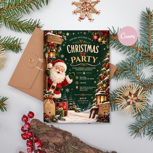 Peut inclure: Une carte d'invitation rectangulaire pour une fête de Noël sur fond vert foncé avec un Père Noël joyeux, un sapin décoré et des cadeaux. Le texte indique : You're invited to a Christmas party, Saturday, December 19, 2026, 7:00 PM.