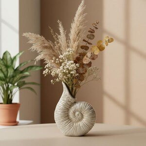 Ceramic Conch Shell Vase: Coastal Beach House Decor, Rustic Nautical Planter
