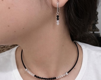 Black Cord Crystal Choker Necklace and Earrings Set – Minimalist Black & White Crystal Jewelry – Adjustable Crystal Choker – Gift for Women
