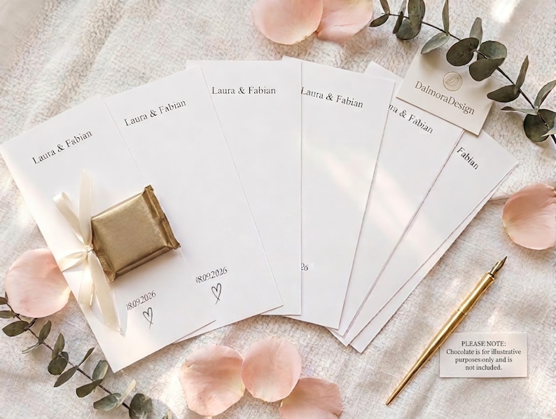 Puede incluir: Un conjunto de tarjetas de papel blanco rectangulares impresas con los nombres Laura & Fabian y la fecha 18.09.2026 con un icono de coraz&oacute;n. Una tarjeta presenta un chocolate cuadrado envuelto en dorado con una cinta blanca. Se incluye un bol&iacute;grafo dorado.