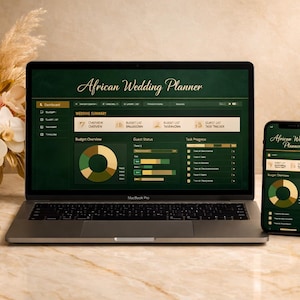 May include: A laptop and smartphone showing the "African Wedding Planner" interface. The laptop displays a detailed dashboard with budget and task progress. The phone mirrors the design. A floral arrangement and gold rings are in the background.