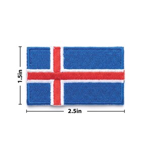 May include: A rectangular patch featuring the flag of Iceland. The patch is blue with a red cross outlined in white. The patch measures 2.5 inches long and 1.5 inches wide.