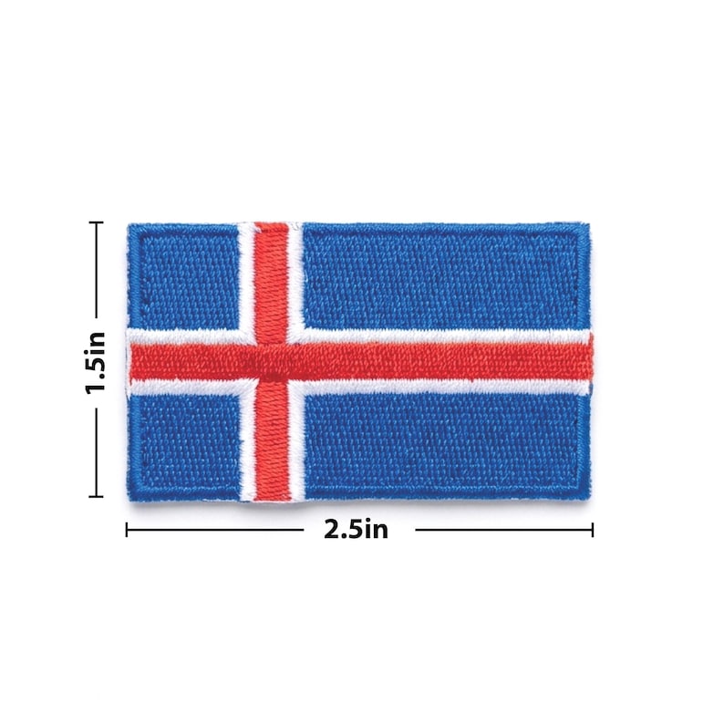 May include: A rectangular patch featuring the flag of Iceland. The patch is blue with a red cross outlined in white. The patch measures 2.5 inches long and 1.5 inches wide.