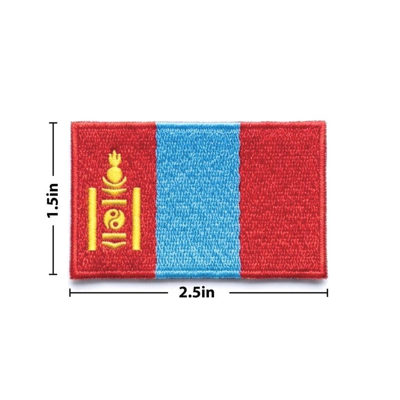 Pode incluir: Patch bordado com a bandeira da Mong&oacute;lia. O patch retangular tem aproximadamente 6,35 cm de largura e 3,81 cm de altura. O design inclui as cores vermelho, azul e amarelo. O lado esquerdo apresenta um s&iacute;mbolo Soyombo amarelo.