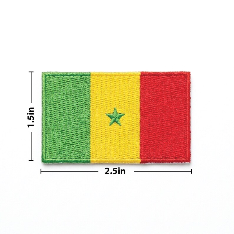 May include: Embroidered patch of the Senegal flag, featuring green, yellow, and red vertical stripes. A green star is centered on the yellow stripe. The patch measures 2.5 inches wide and 1.5 inches high.