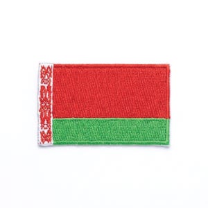 May include: Embroidered patch featuring the flag of Belarus. The rectangular patch has a red upper section, a green lower section, and a white vertical stripe with a red and white pattern on the left side. The patch is designed to be sewn or ironed on.