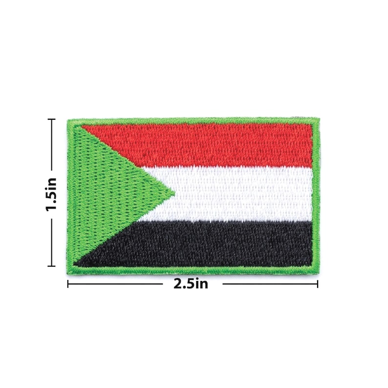 May include: Embroidered patch featuring the flag of Sudan. The rectangular patch is 2.5 inches long and 1.5 inches high. The flag design includes red, white, and black horizontal stripes, with a green triangle on the left side.
