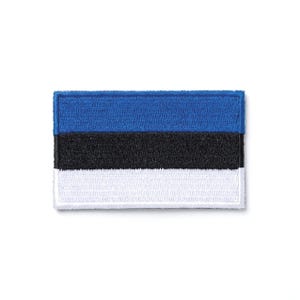 May include: Rectangular patch featuring the flag of Estonia. The flag design consists of three horizontal stripes: blue at the top, black in the middle, and white at the bottom. The patch has a stitched border.