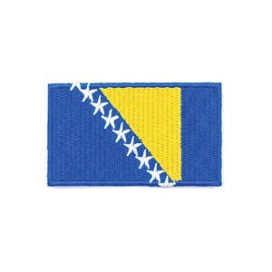 May include: Embroidered patch featuring the flag of Bosnia and Herzegovina. The patch has a blue background with a yellow triangle and a row of white stars along the diagonal. The patch is rectangular.
