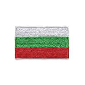 May include: Embroidered patch featuring the flag of Bulgaria. The rectangular patch displays the Bulgarian flag's tricolor design: white at the top, green in the middle, and red at the bottom. The edges are neatly stitched with a white border.