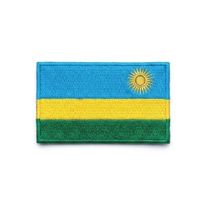 May include: Embroidered patch featuring the flag of Rwanda. The rectangular patch has a blue upper section, a yellow middle section, and a green lower section. A yellow sun with rays is in the upper right corner.